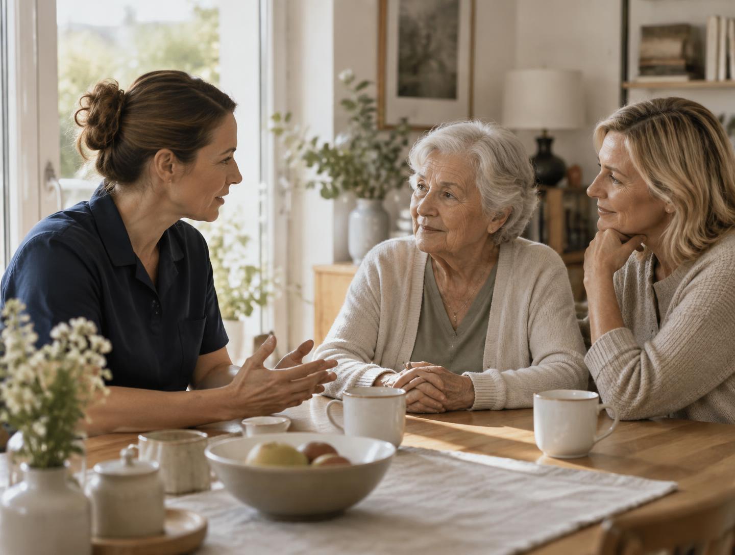 Eine Pflegefachkraft im Gespräch mit einer Seniorin und ihrer Angehörigen